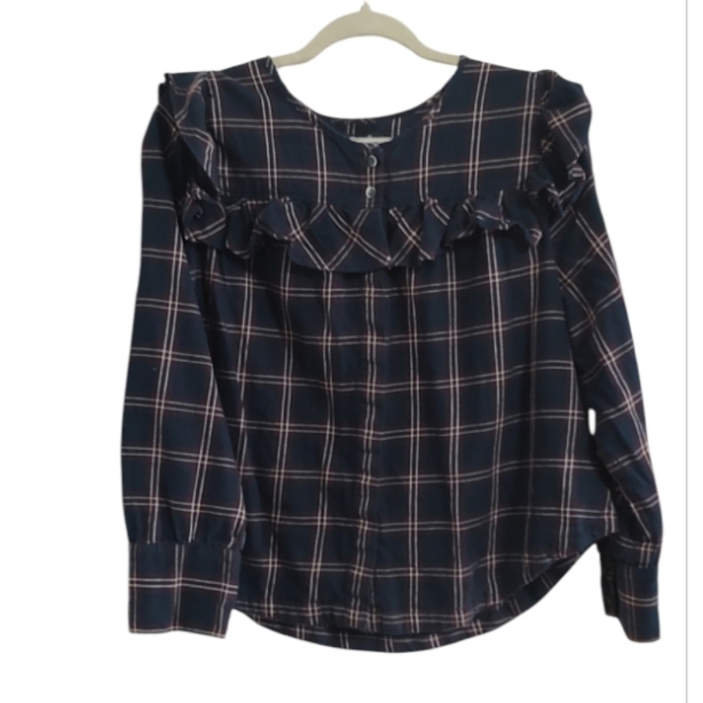 Madewell Navy Plaid Ruffle Blouse Size L